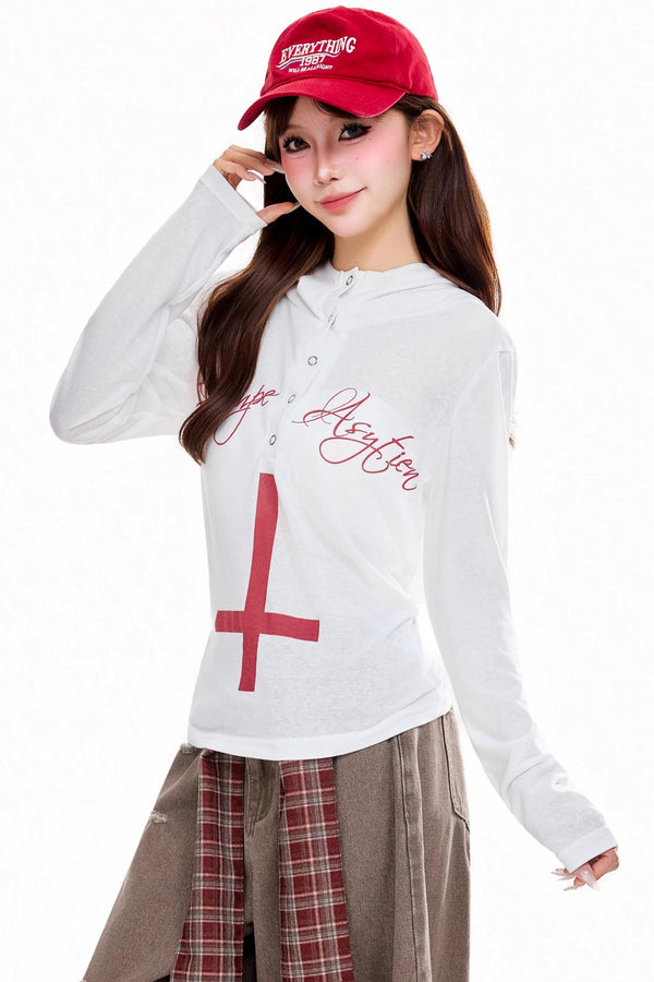 Hooded Letter Print Top