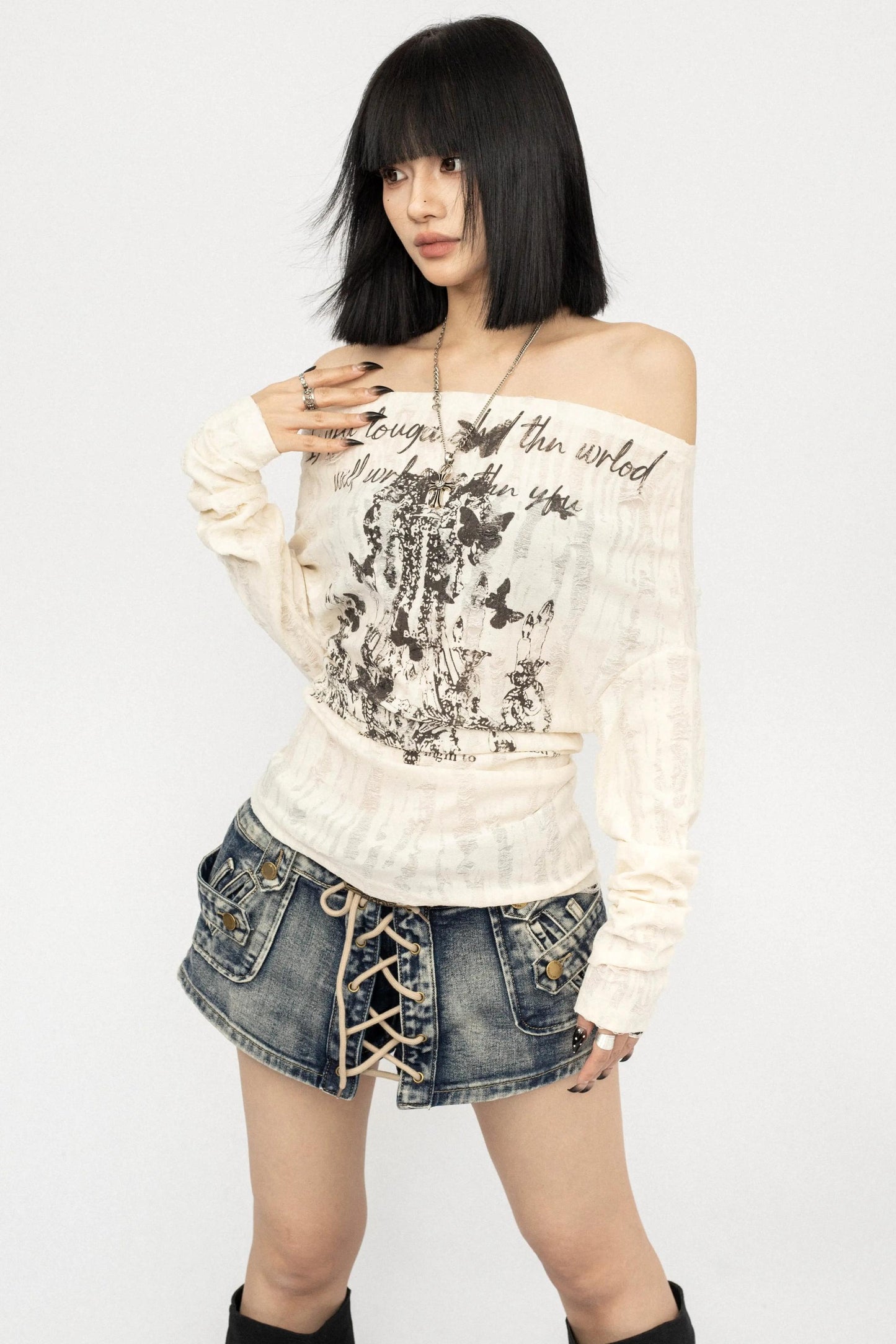 Dark Print One-Shoulder Top