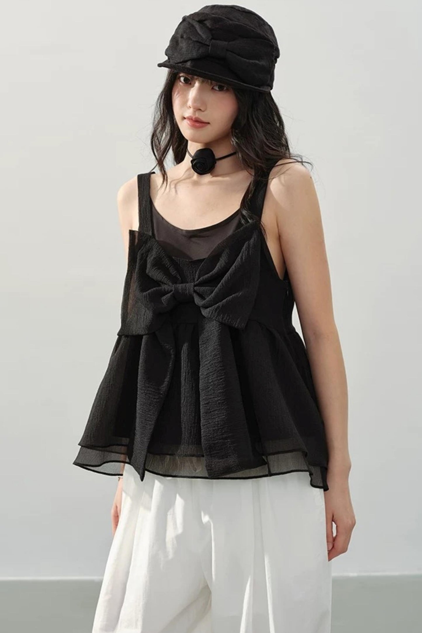 Black Organza Bowknot Blouse Set