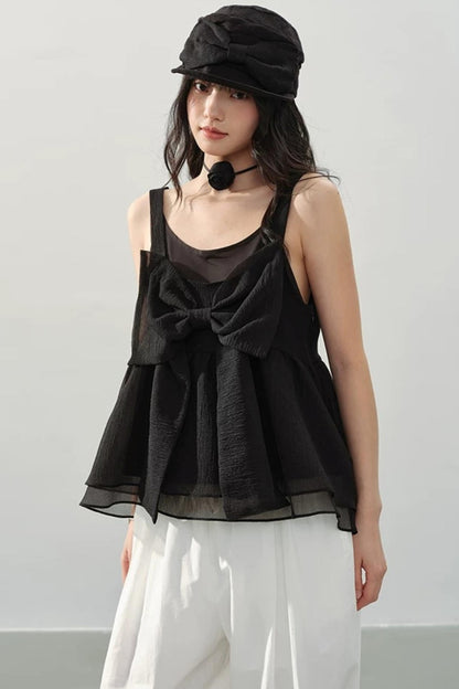 Black Organza Bowknot Blouse Set