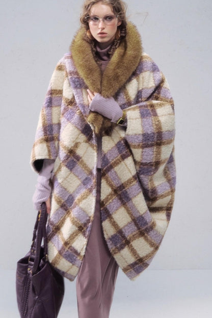 Plaid Fur Collar Woolen Coat
