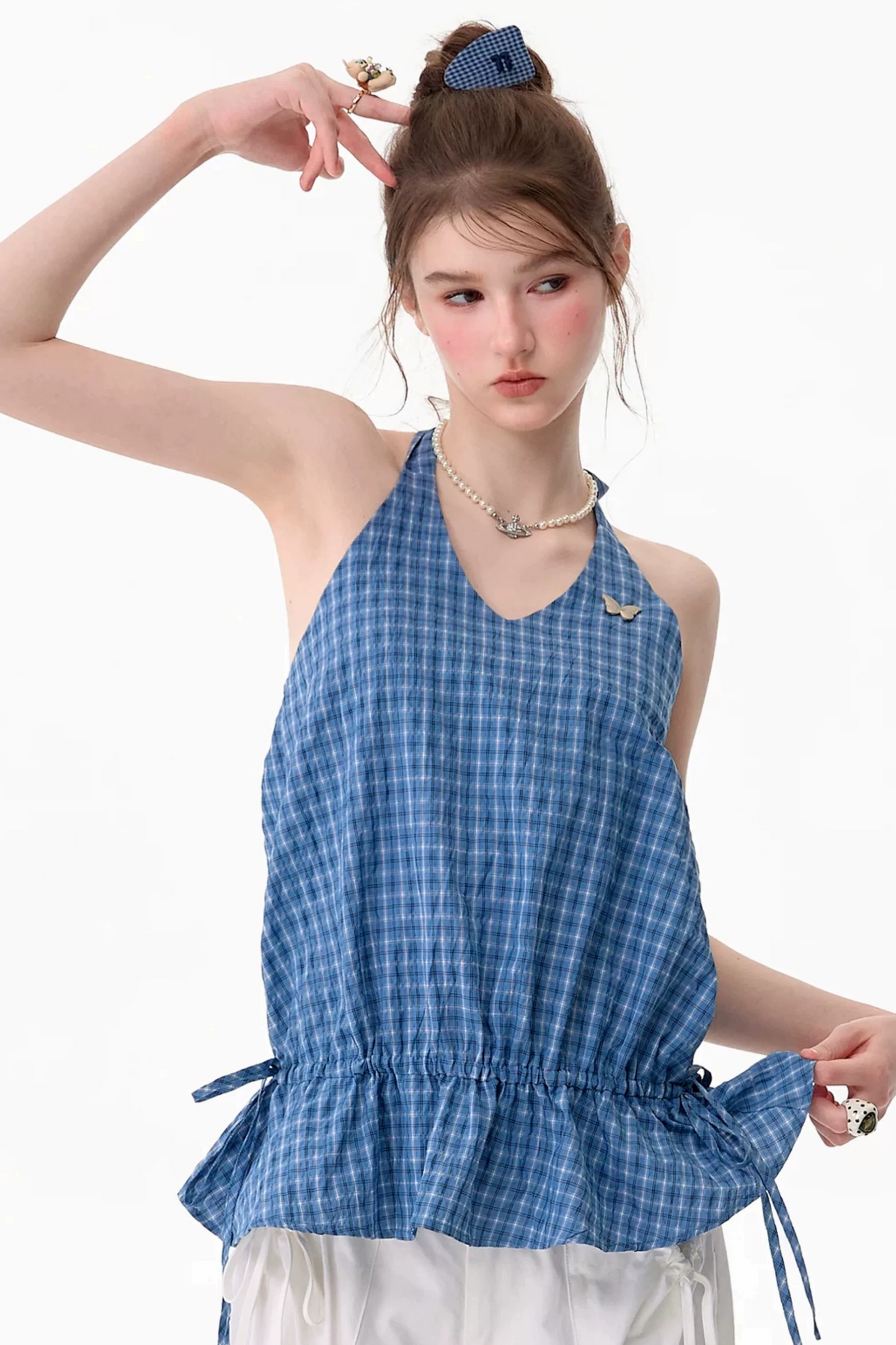 Blue Plaid Halter Neck Tank Top