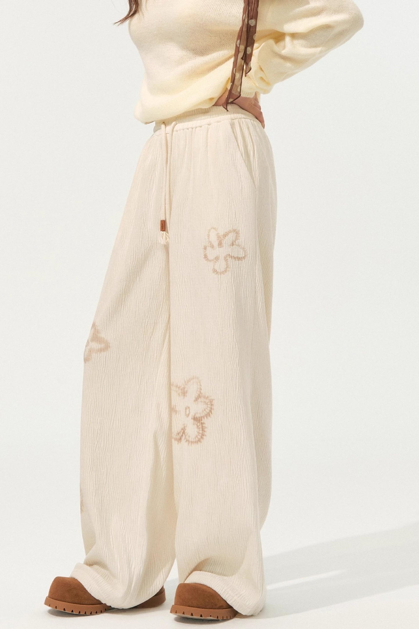 Floral Pleated Lace-Up Pants