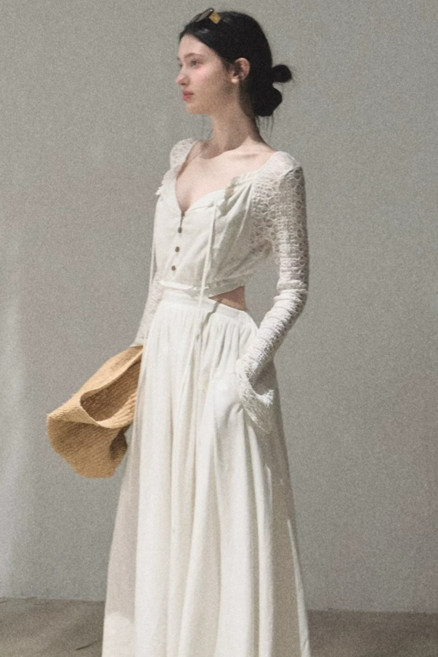 Lyocell Linen Hollow-Out Lace Dress