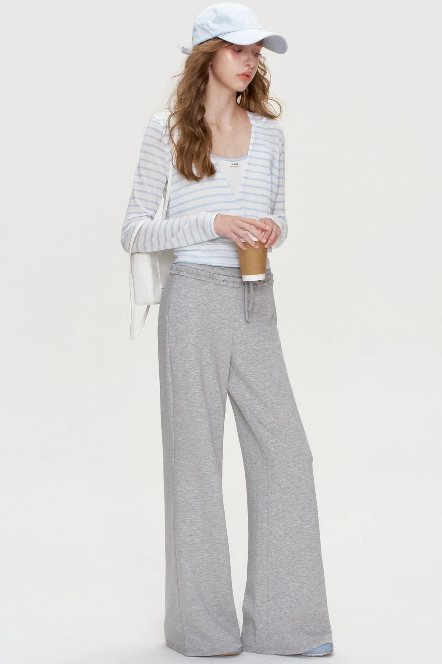 Ruffle Elastic Waist Drawstring Straight Pants