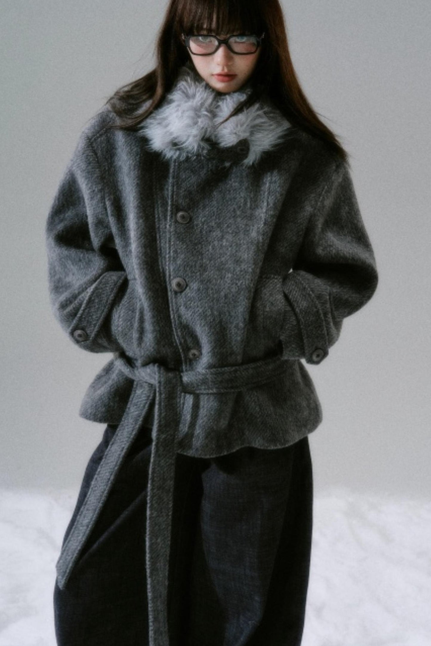 Bow Fur Collar Wool Coat