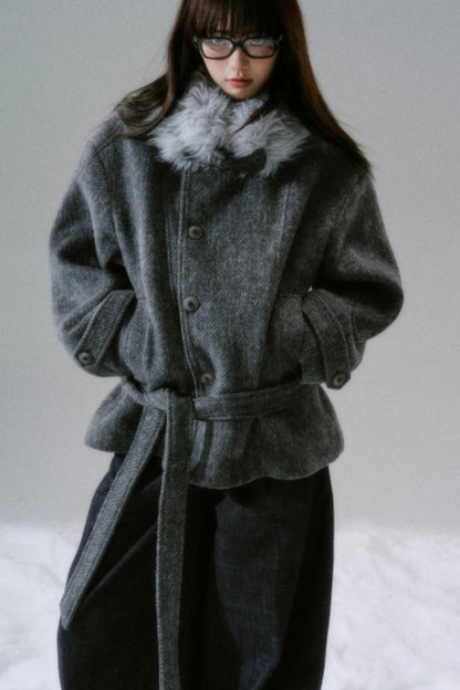 Bow Fur Collar Wool Coat