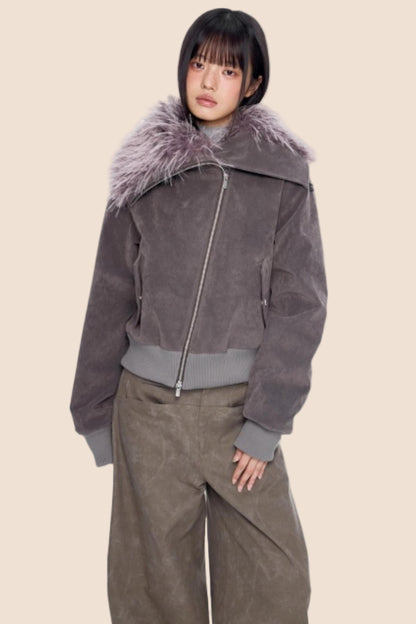 Faux Suede Fur Collar Coat