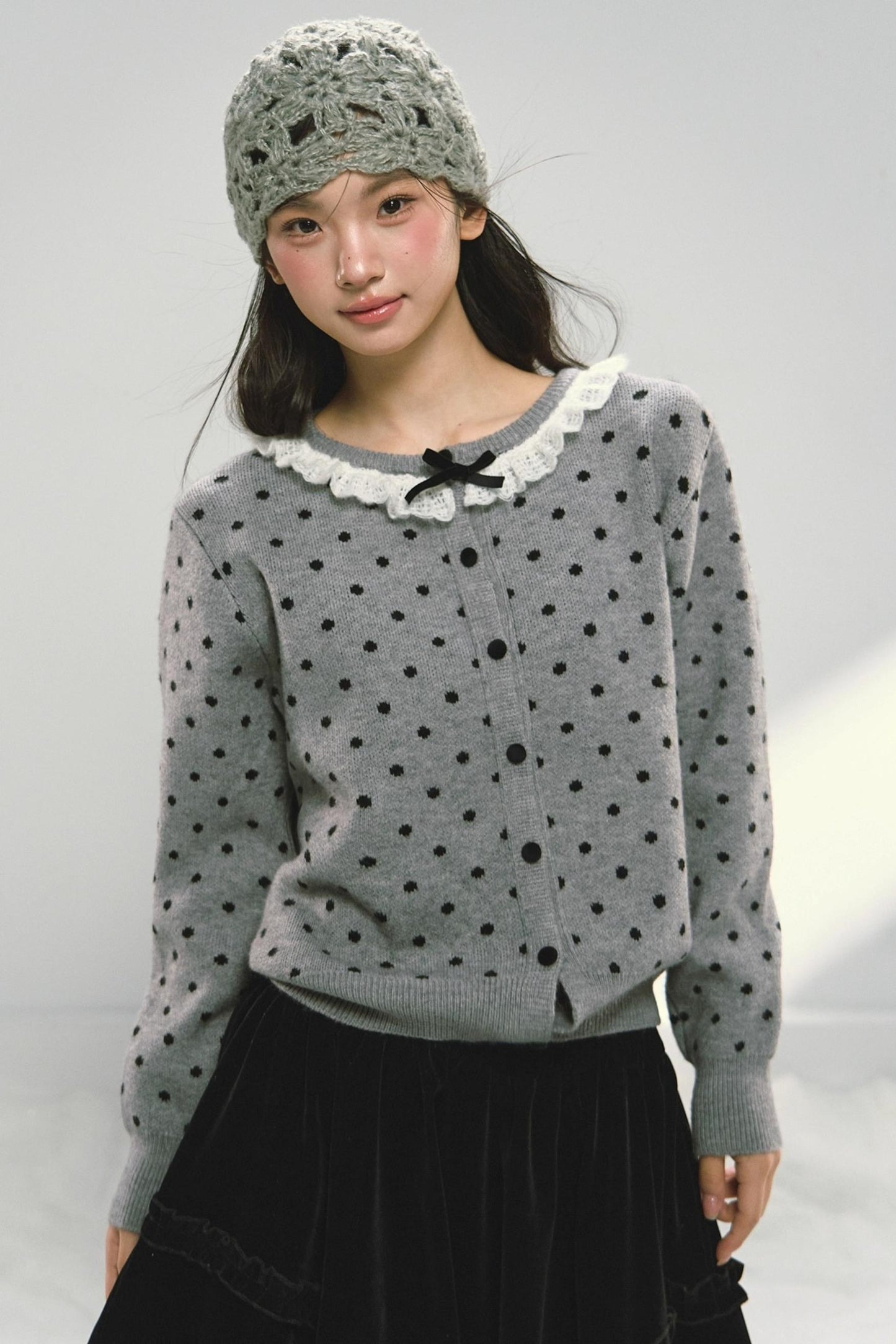 Lace Collar Polka Dot Cardigan