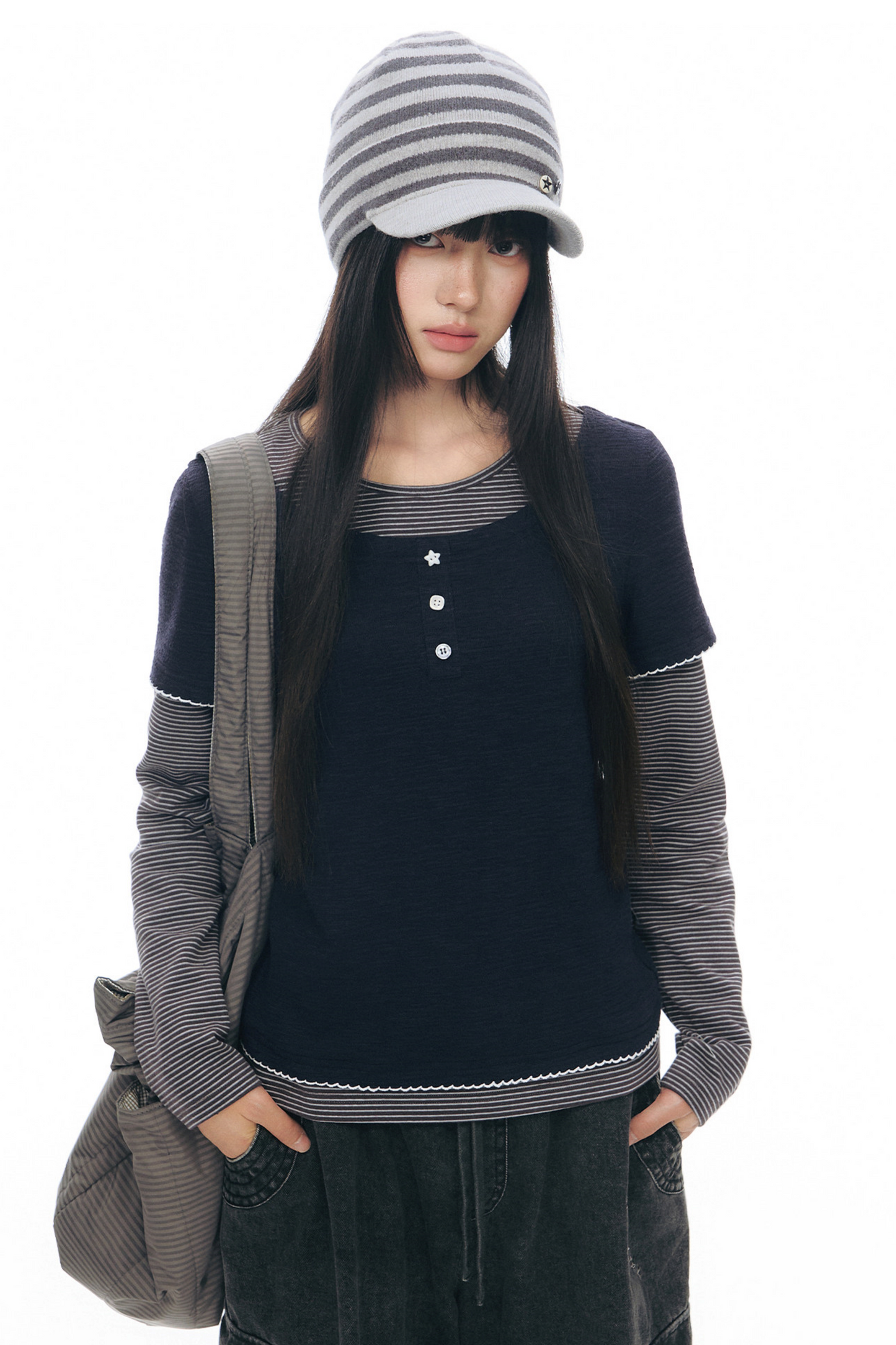 Henley Collar Fake Two-Piece Top