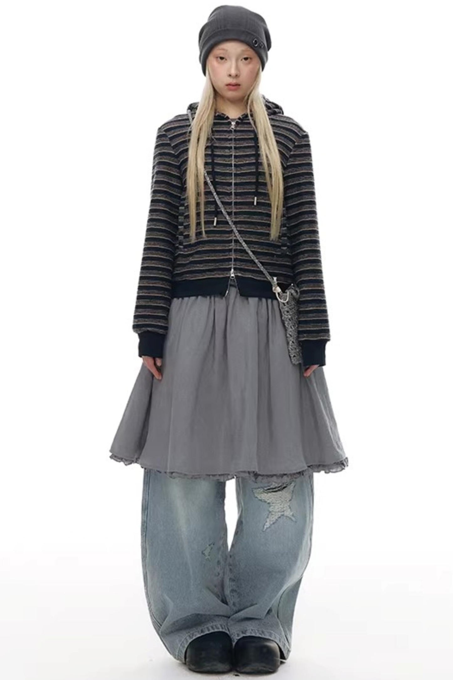 Striped Textured Hooded Sweatshirt