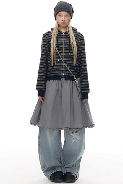 Striped Textured Hooded Sweatshirt