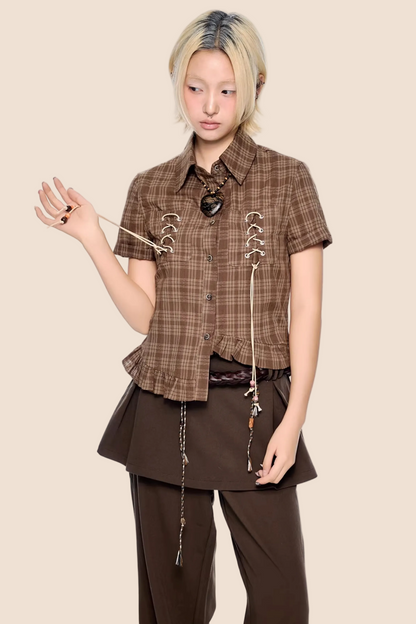 Plaid Asymmetrical Hem Blouse