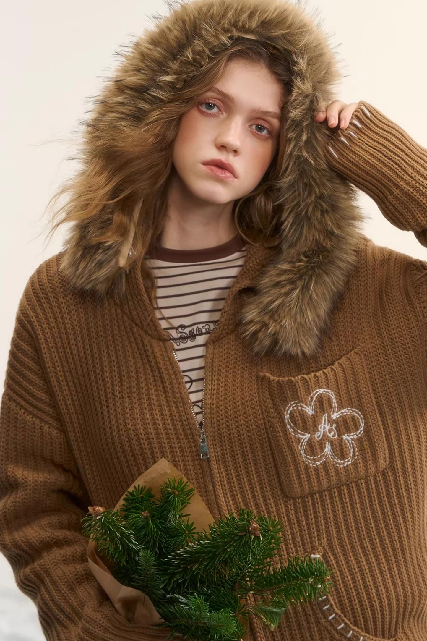 Detachable Fur Hooded Cardigan