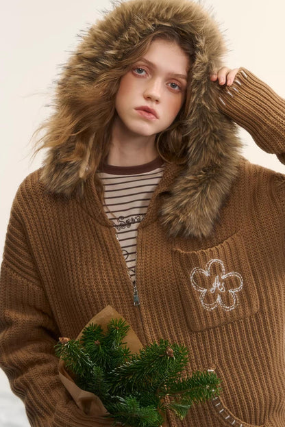 Detachable Fur Hooded Cardigan