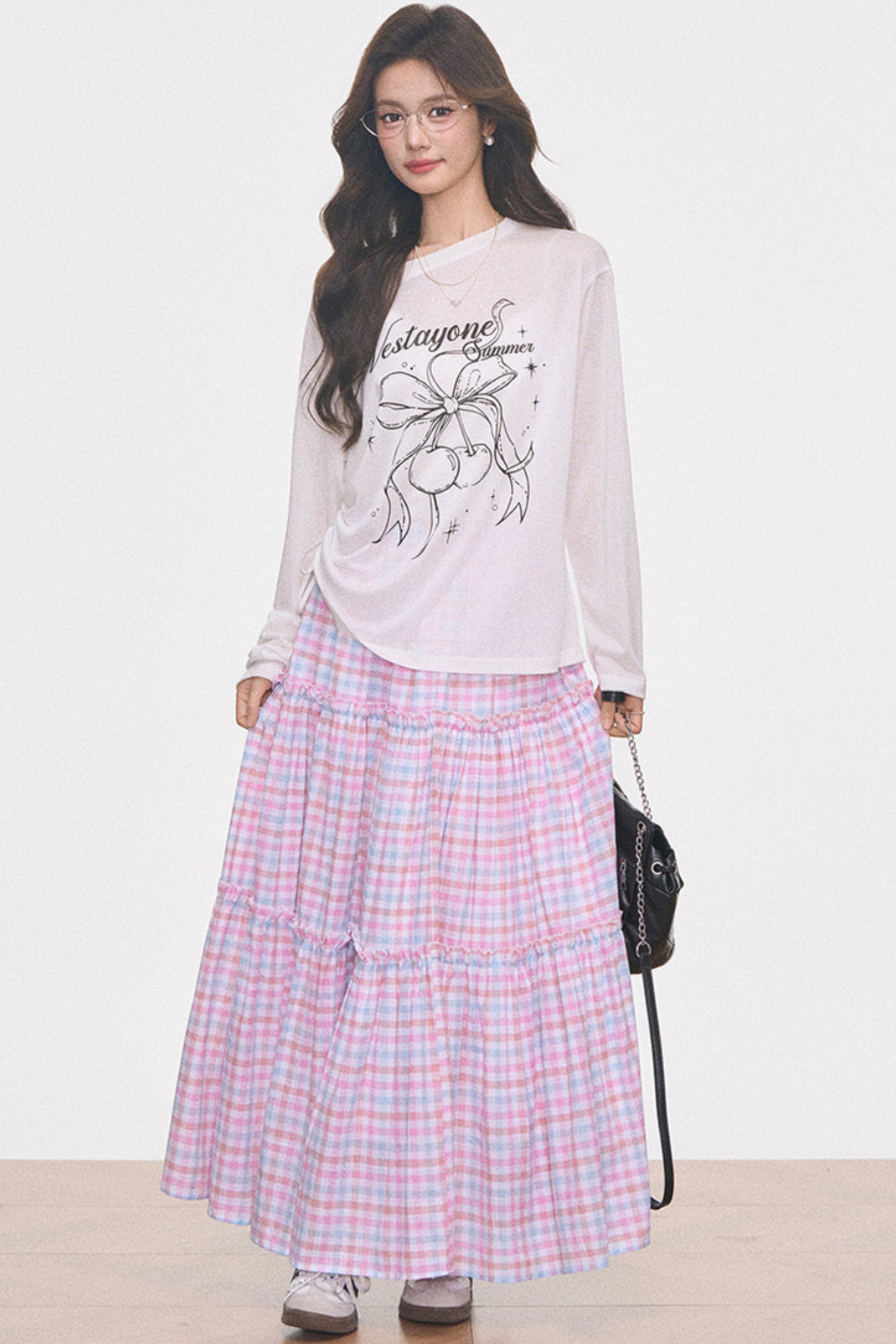 Printed Sheer Blouse and Plaid Skirt Set-Up