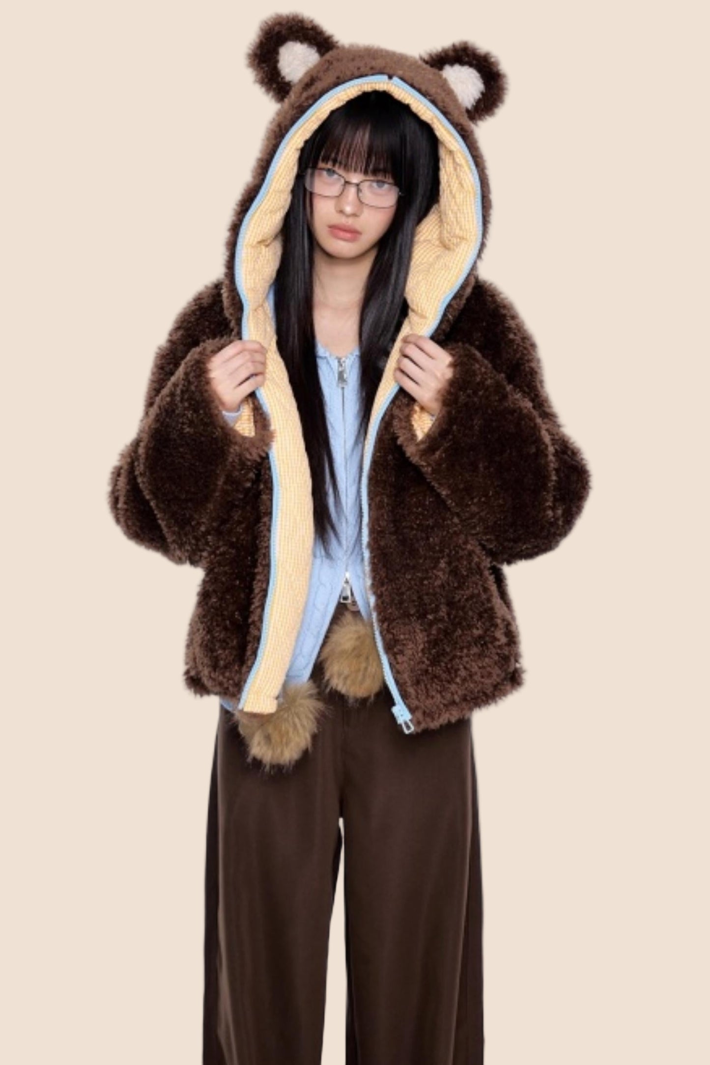 Ear-Flap Striped Faux Shearling Jacket