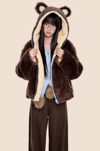 Ear-Flap Striped Faux Shearling Jacket