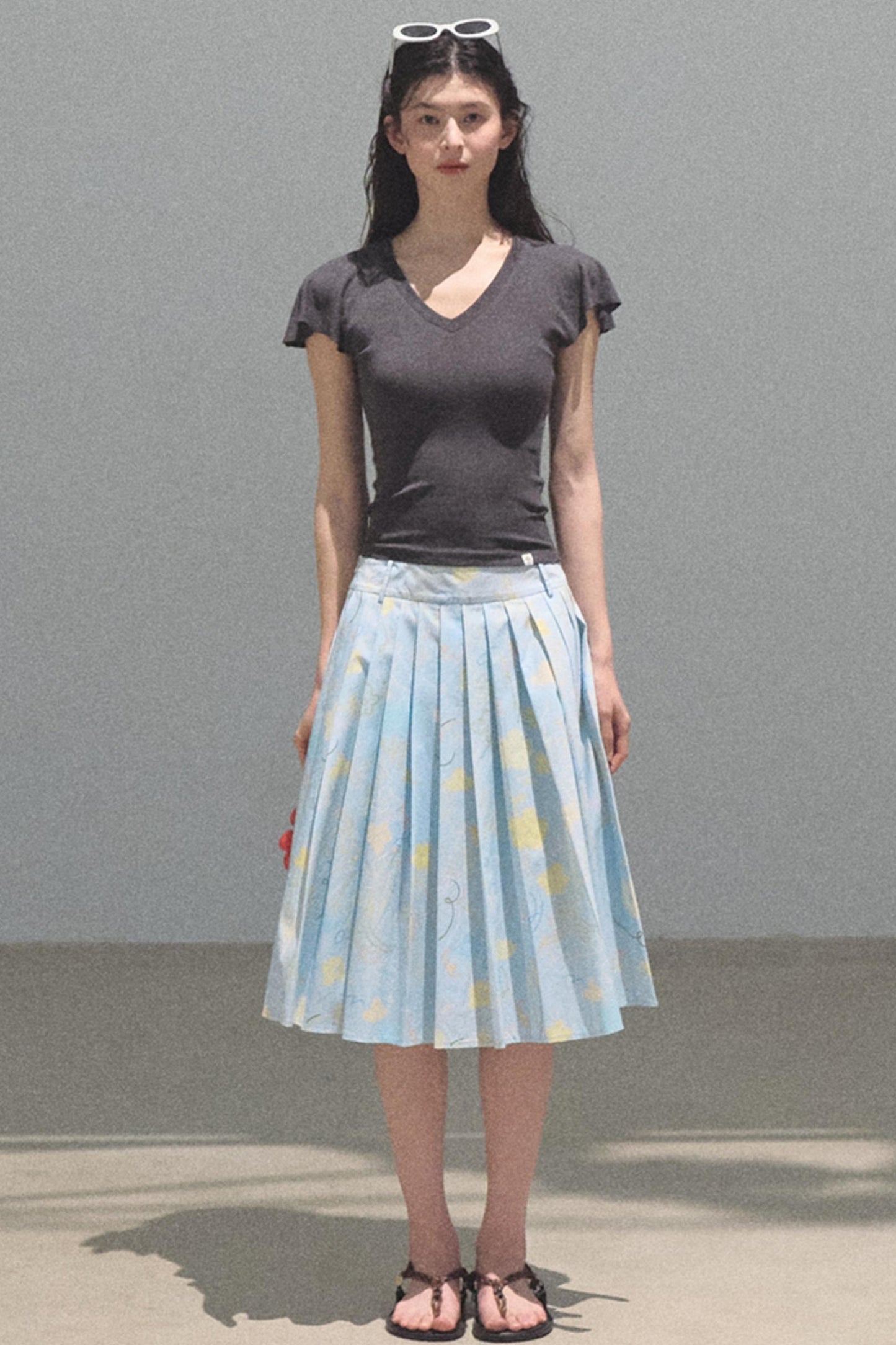 Running Waves Cotton Poplin Pleated Midi Skirt