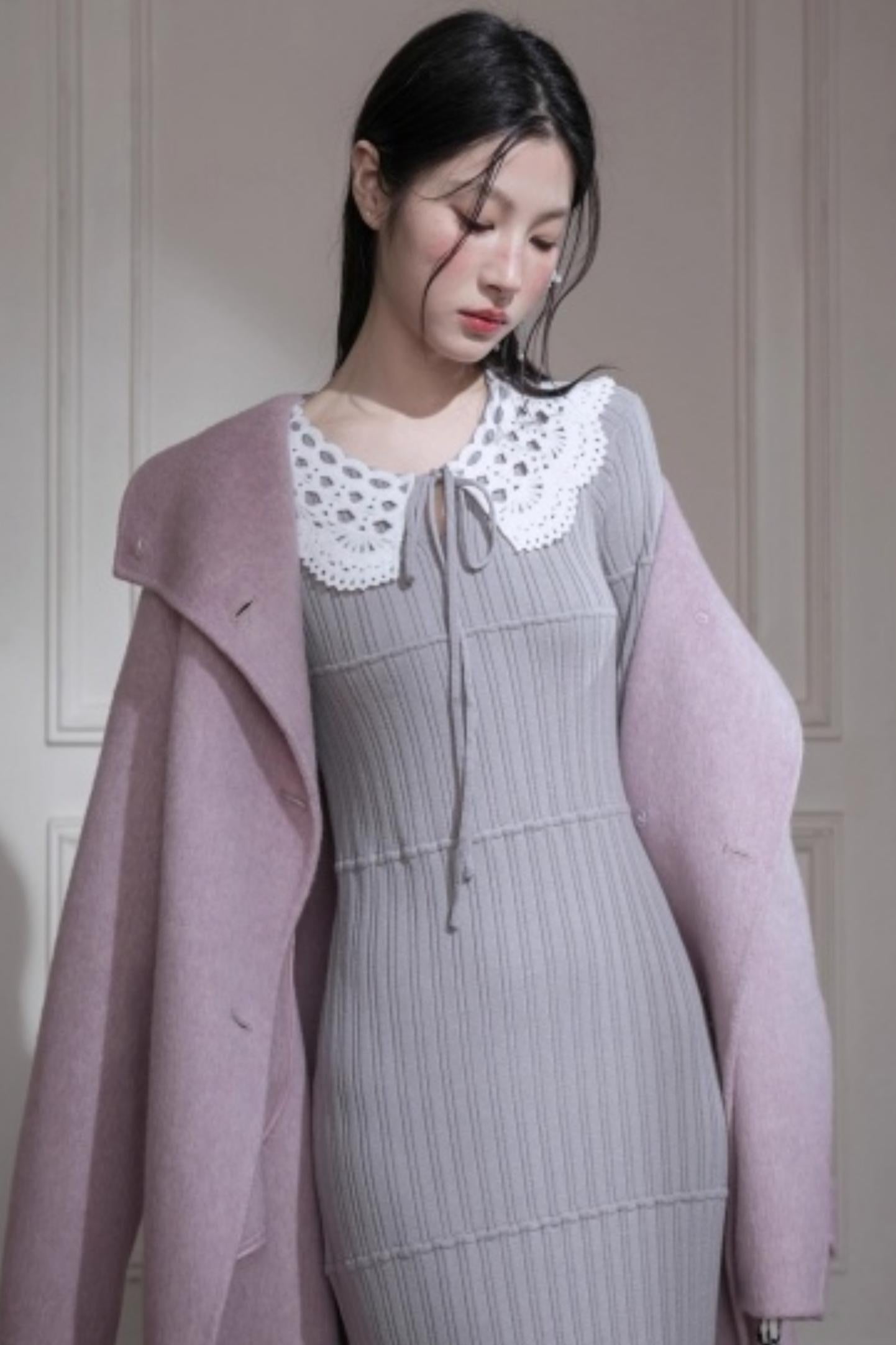 Mist Gray Lace Wool Dress