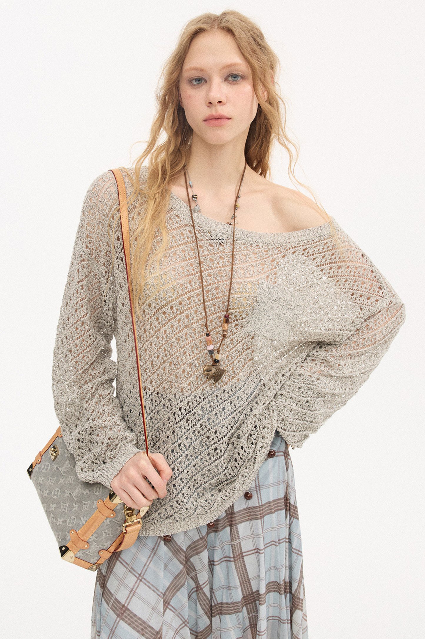 Diagonal Hollow Beaded Knit Sweater