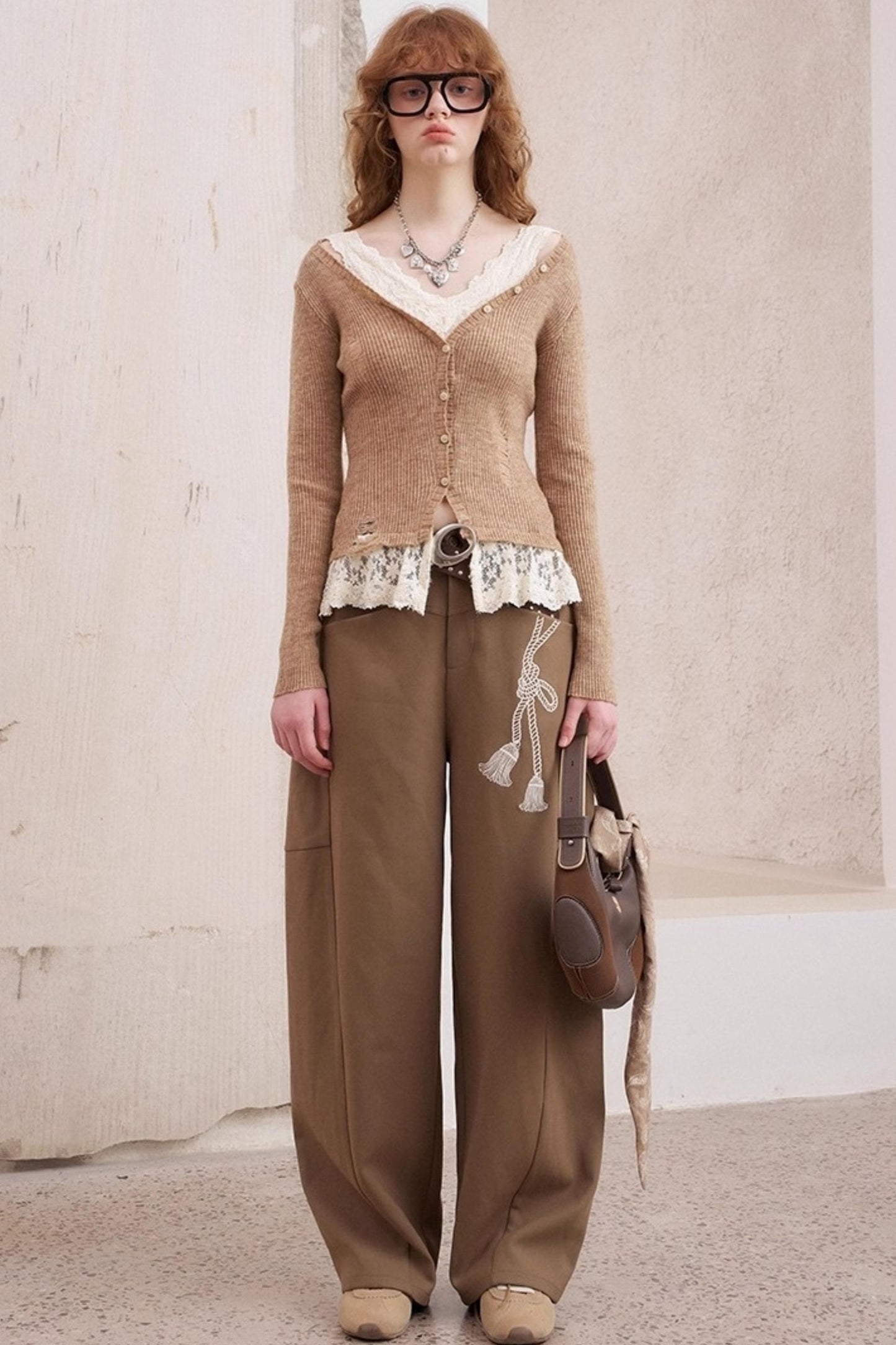 Lace Panel V-Neck Knitted Cardigan