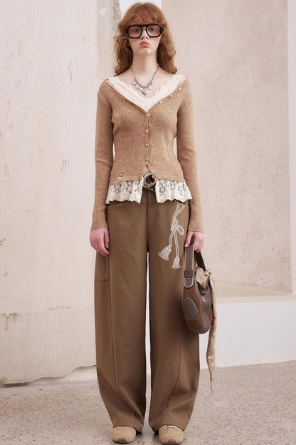 Lace Panel V-Neck Knitted Cardigan