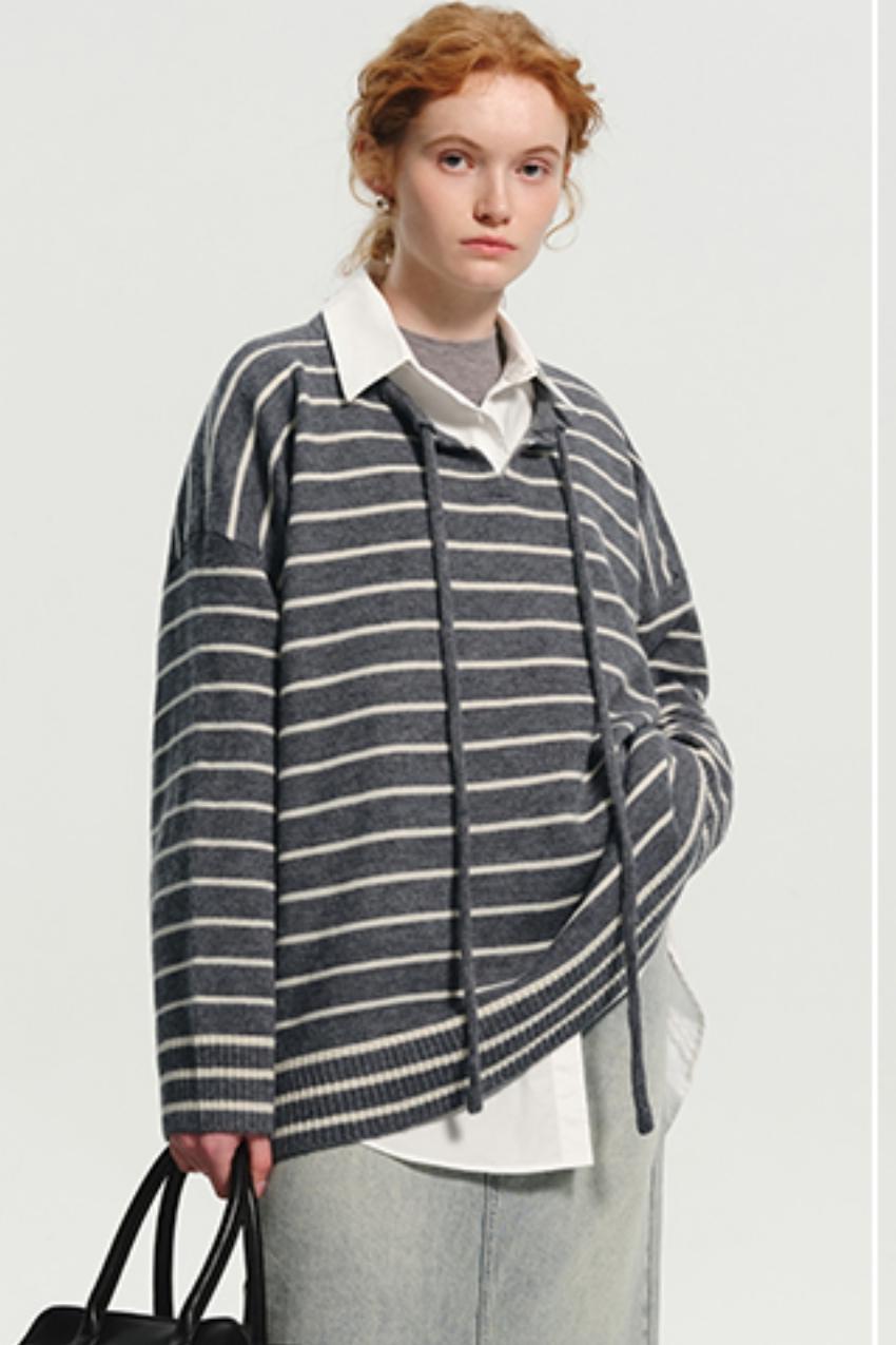 Wool Stripe Drawstring Knit Sweater