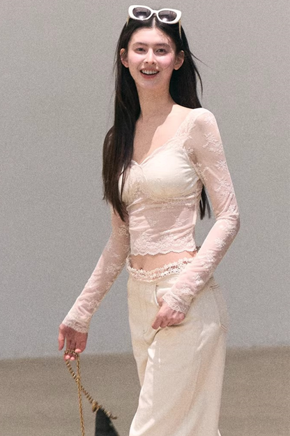 Washed Wide-Leg Lace Pants