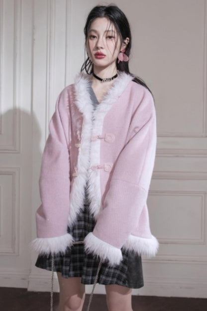 Snow Cherry Fleece Collar Wool Coat
