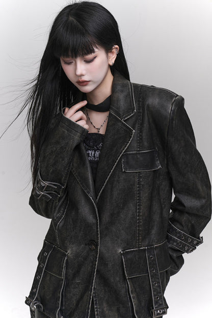 Ghost Girl Autumn and Winter Unique Super Good-looking Old Leather Jacket Women's 2024 New Cool Drag Sister Outfit