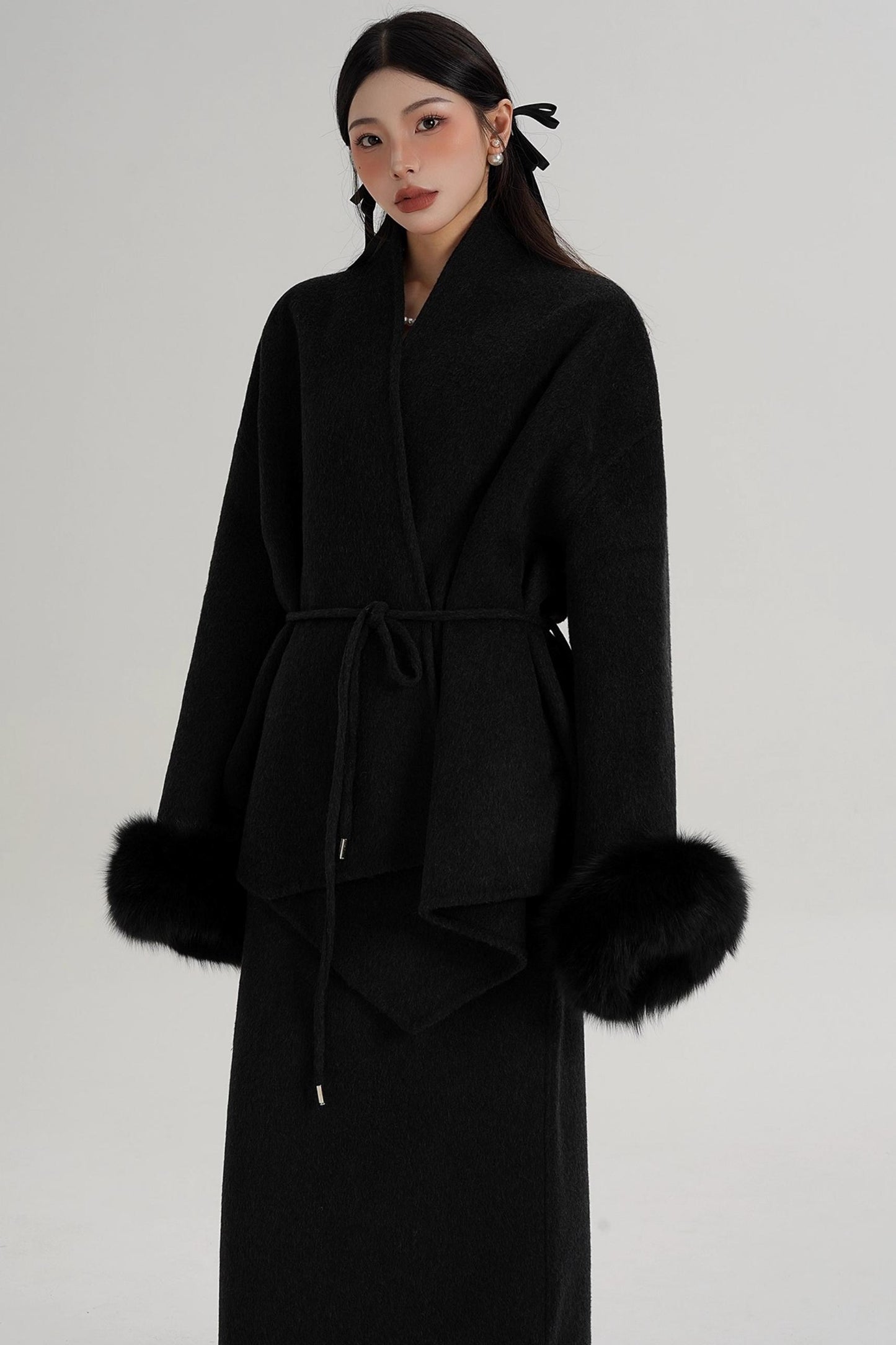 Elegant Fox Fur Sleeve Wool Coat