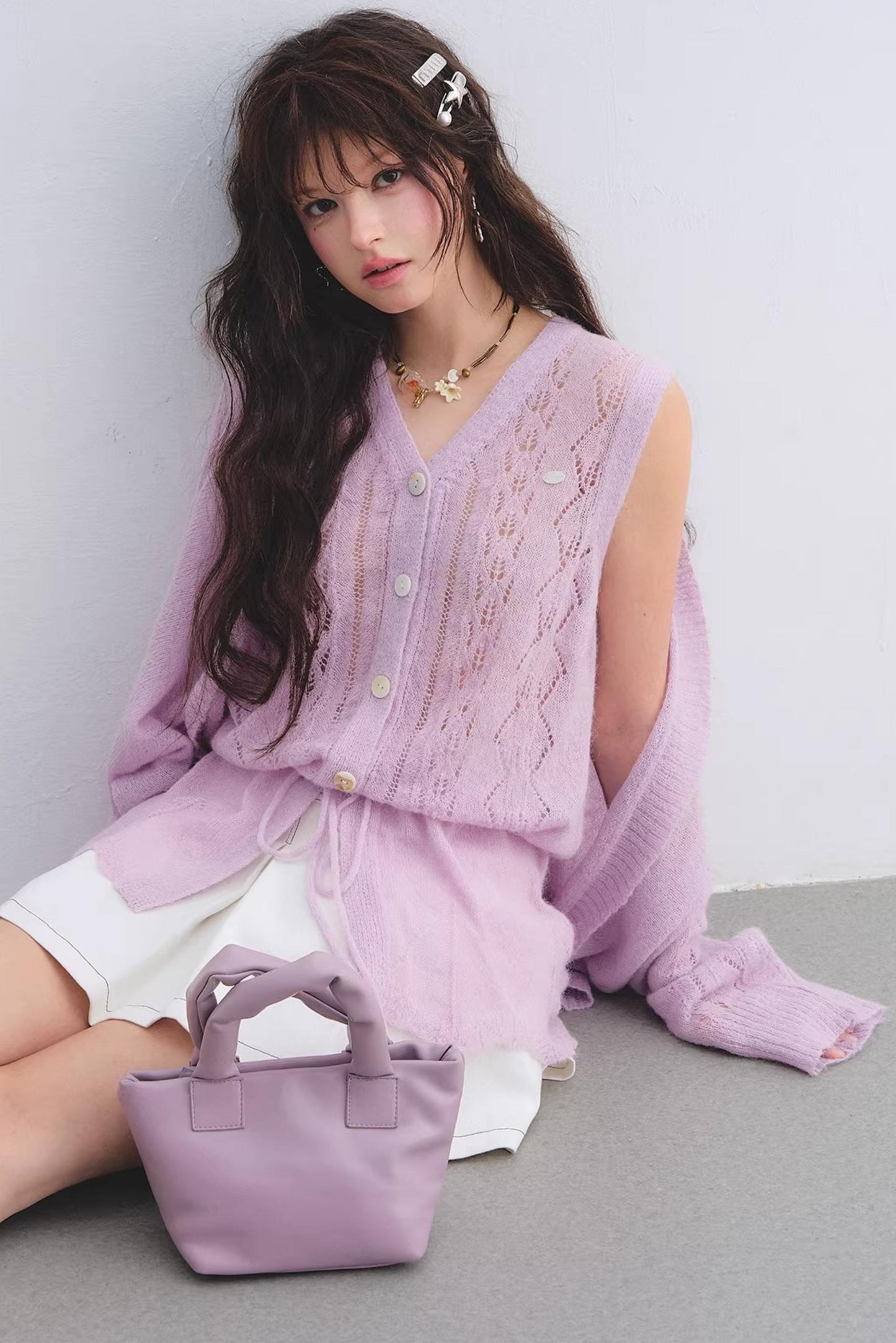 Mohair Purple Cut-Out Cardigan Set-Up