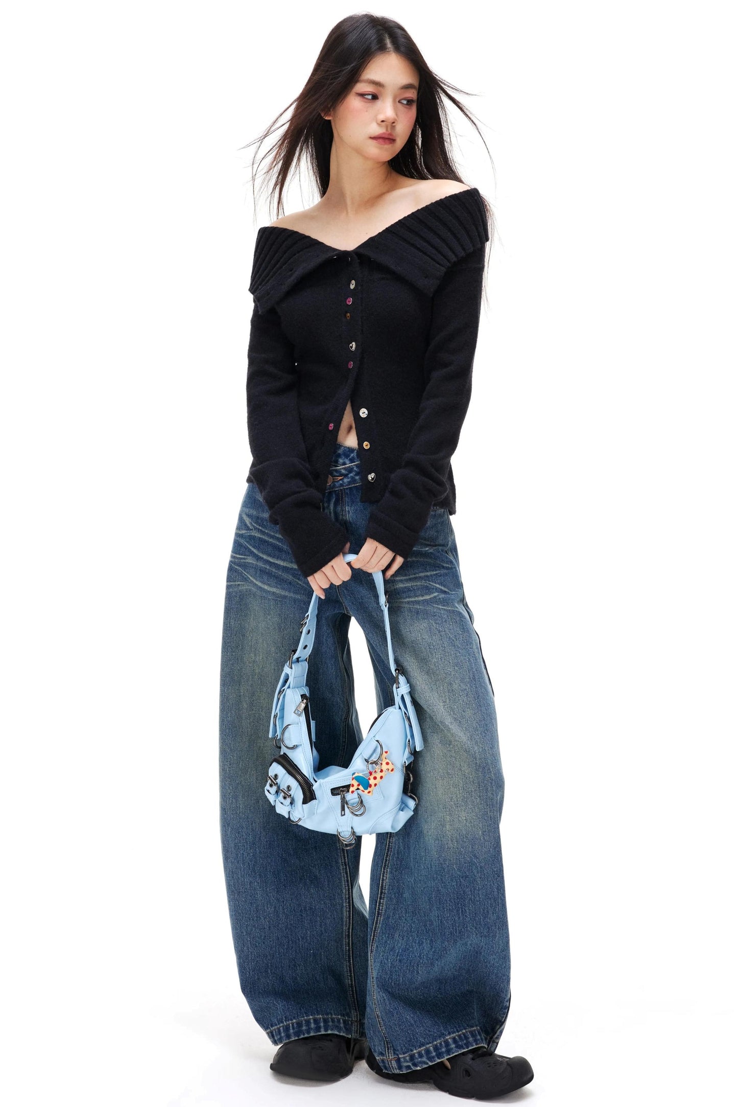 Colorful Button Off-Shoulder Knit Sweater