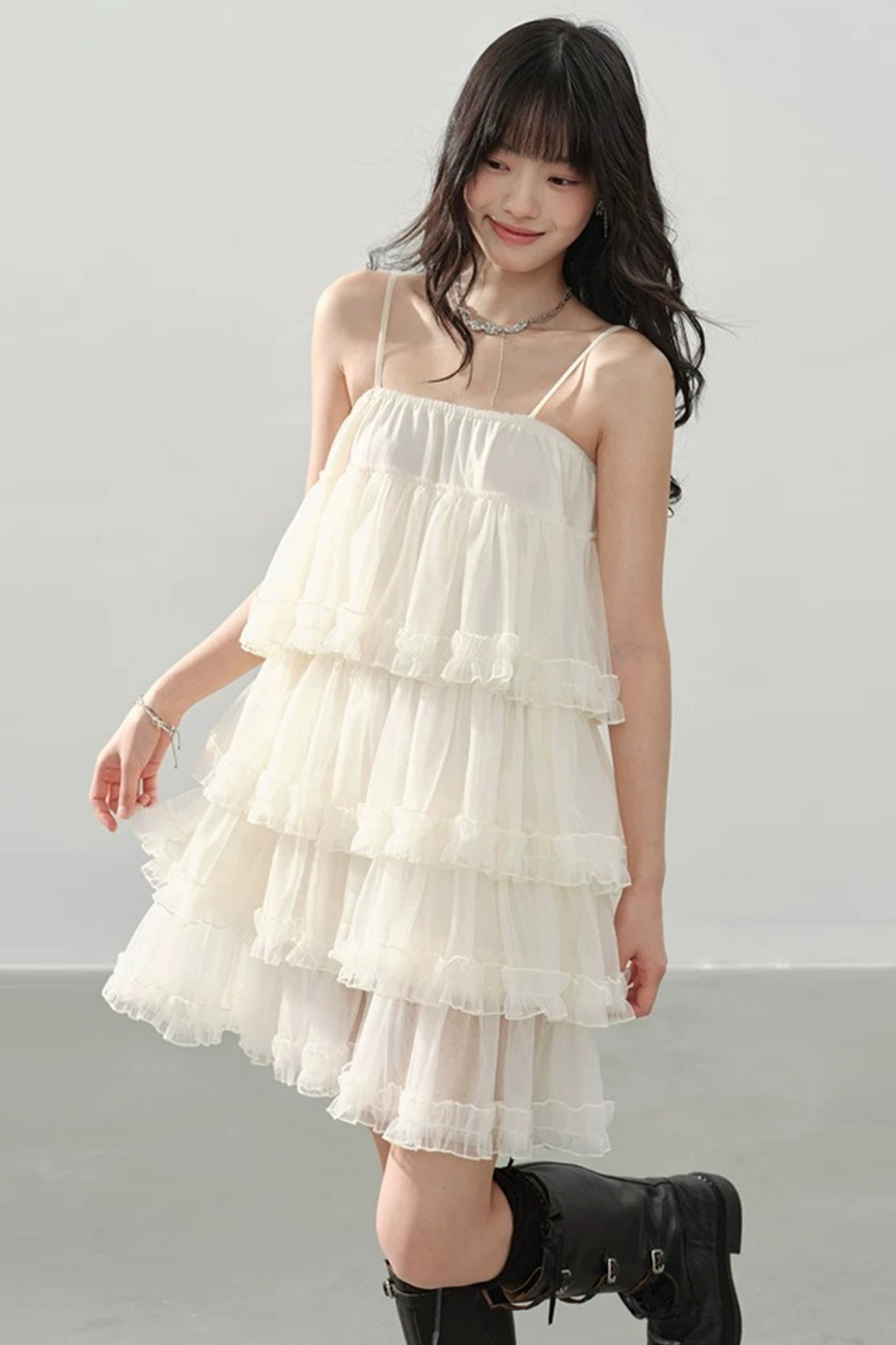 Cream Ruffled Spaghetti Strap Dress