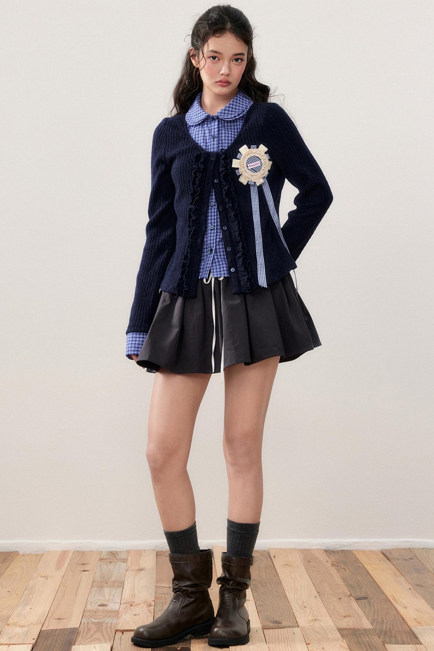 Layered Plaid Knit Patchwork Shirt