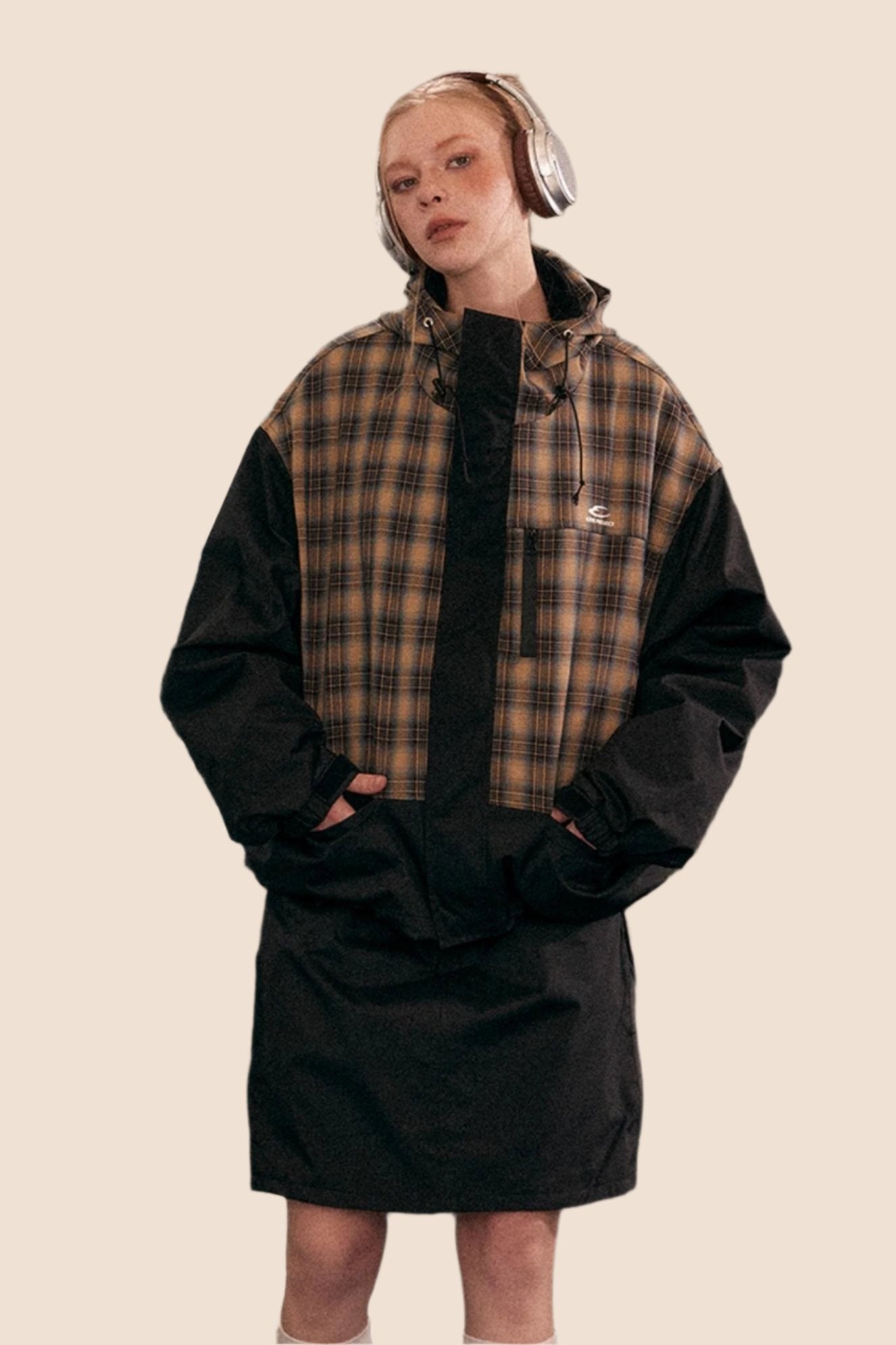 Retro Plaid Stitching Hooded Jacket Set-Up