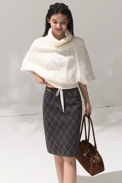 Wool Twist Knit Cape Sweater Top Skirt Set-Up