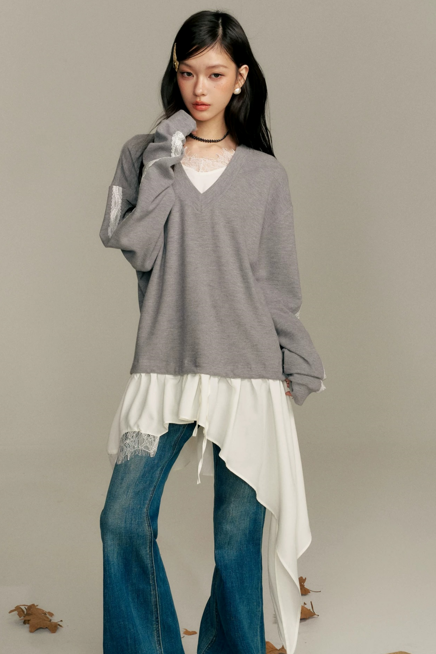 Asymmetric Hem V-Neck Sweatshirt