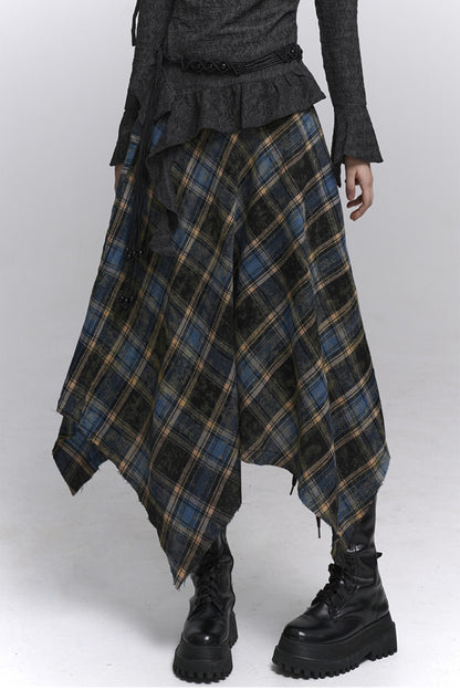 Beautiful Blue Plaid A-Line Skirt & Belt Set