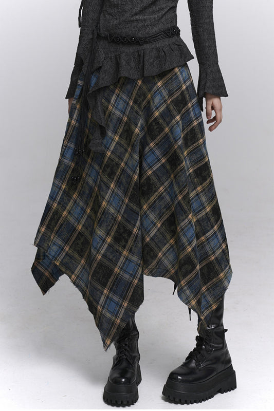 Beautiful Blue Plaid A-Line Skirt & Belt Set