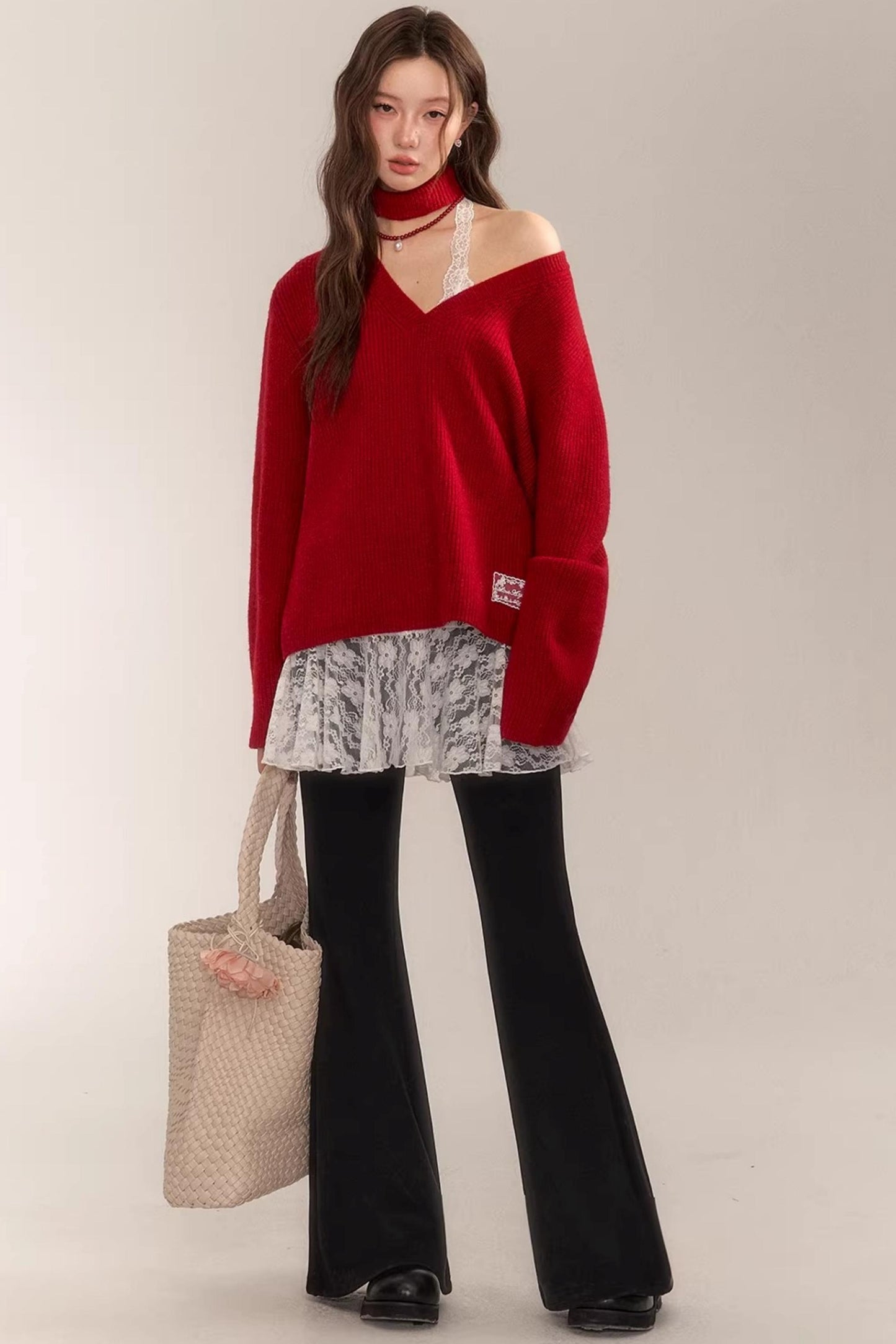 Asgony Red Retro Knit Sweater