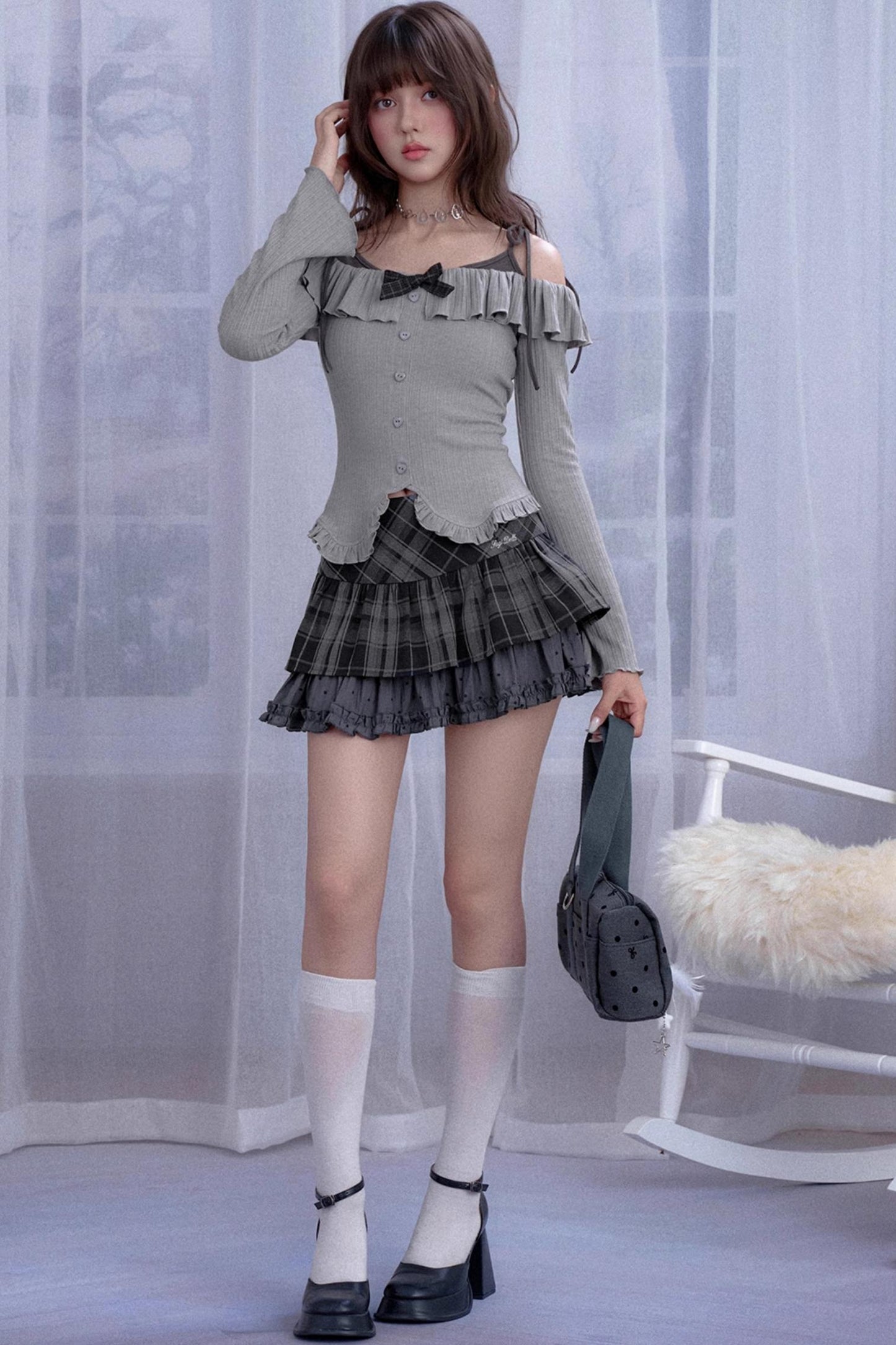 Gray One-Shoulder Long-Sleeved Slim Top