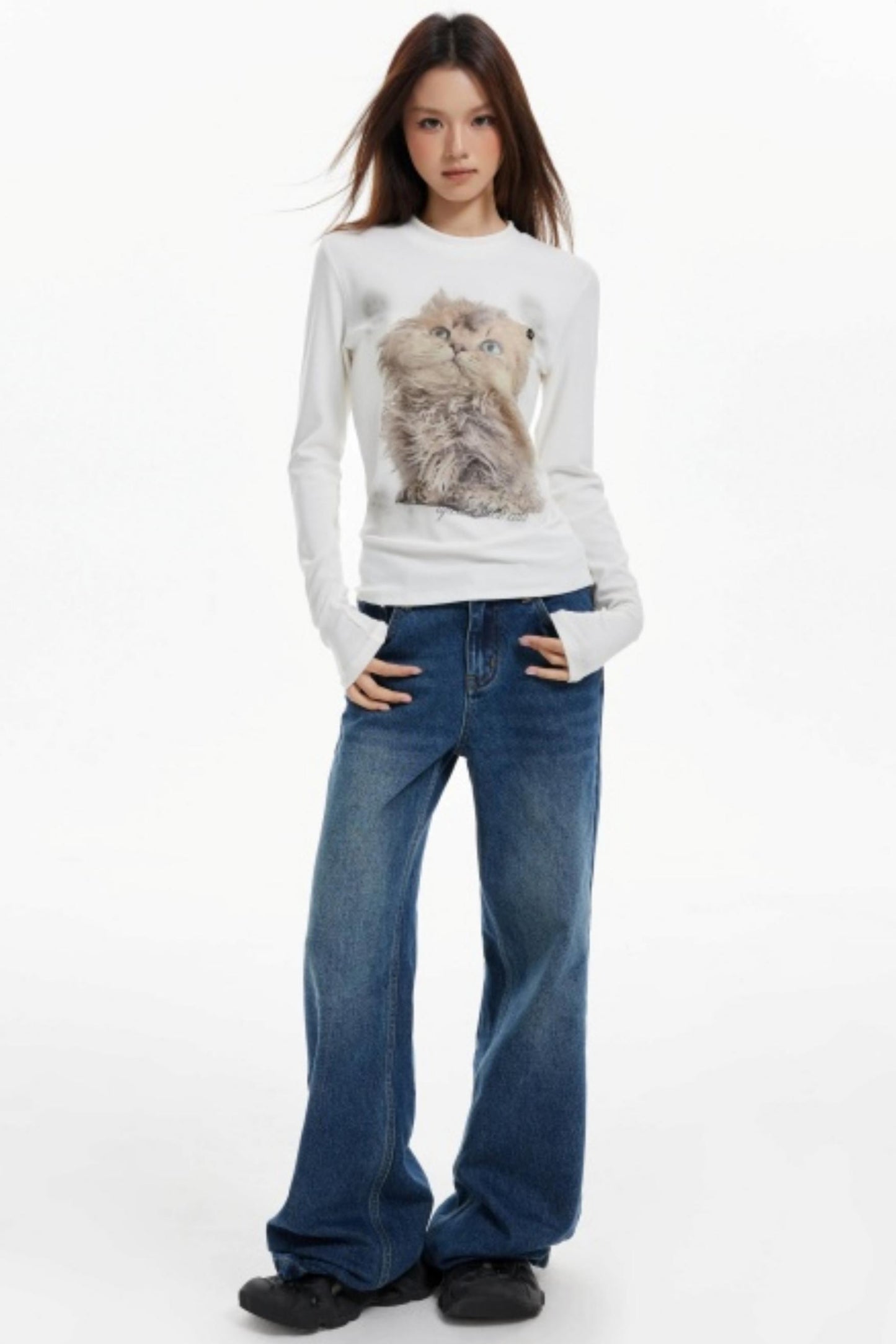 Cat Print Slim Knit Base Top