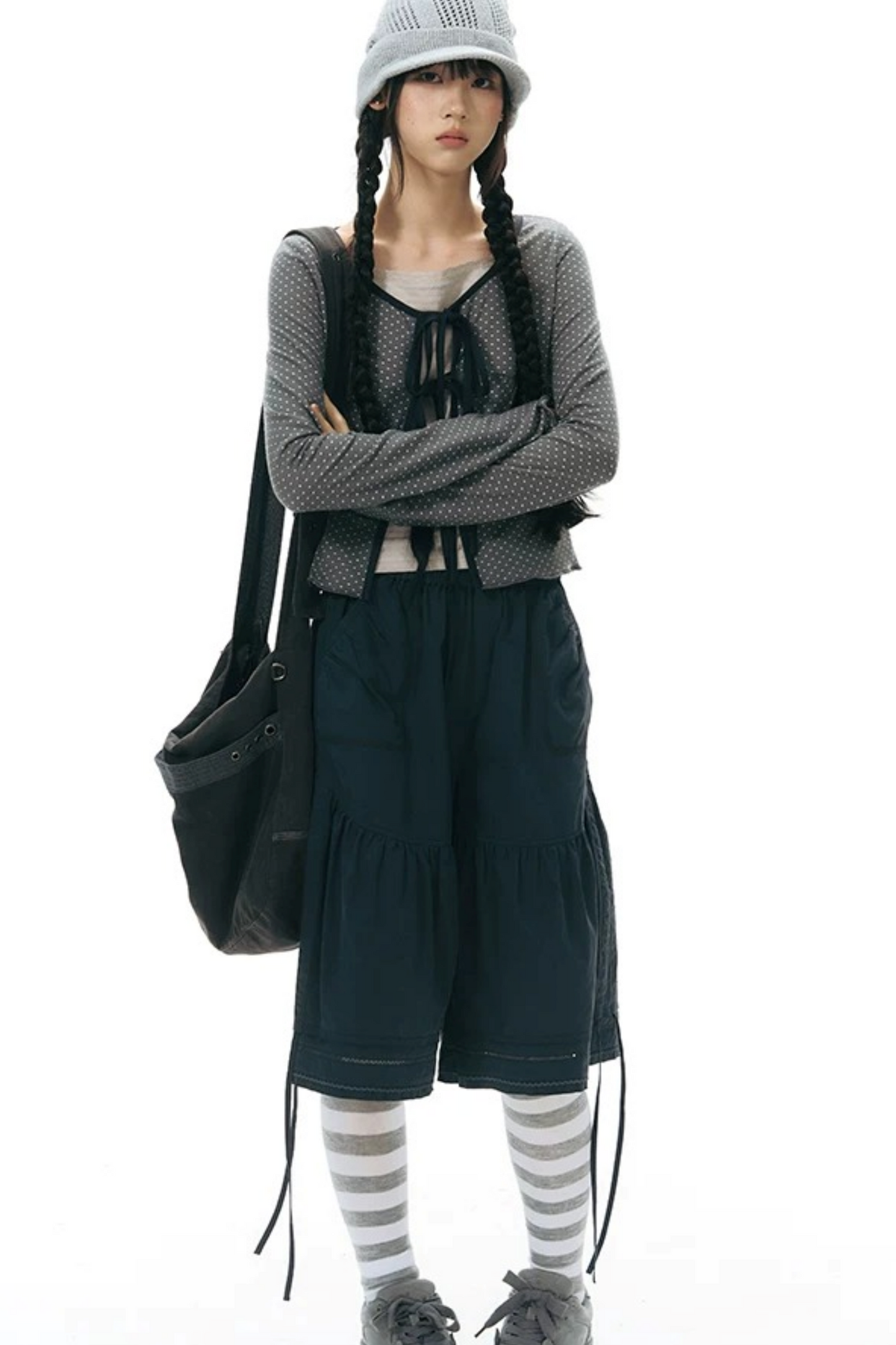 Lace-Up Ruffle Knit Cardigan