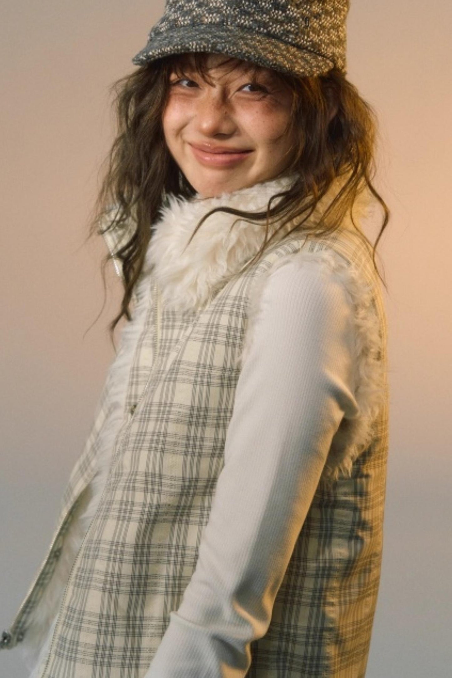 Plaid Patchwork Lamb Wool Reversible Vest