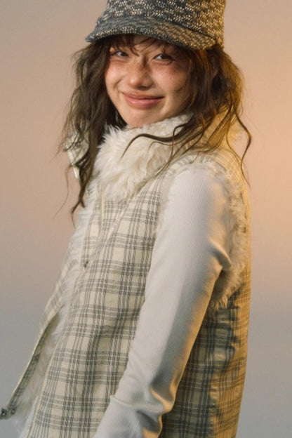 Plaid Patchwork Lamb Wool Reversible Vest