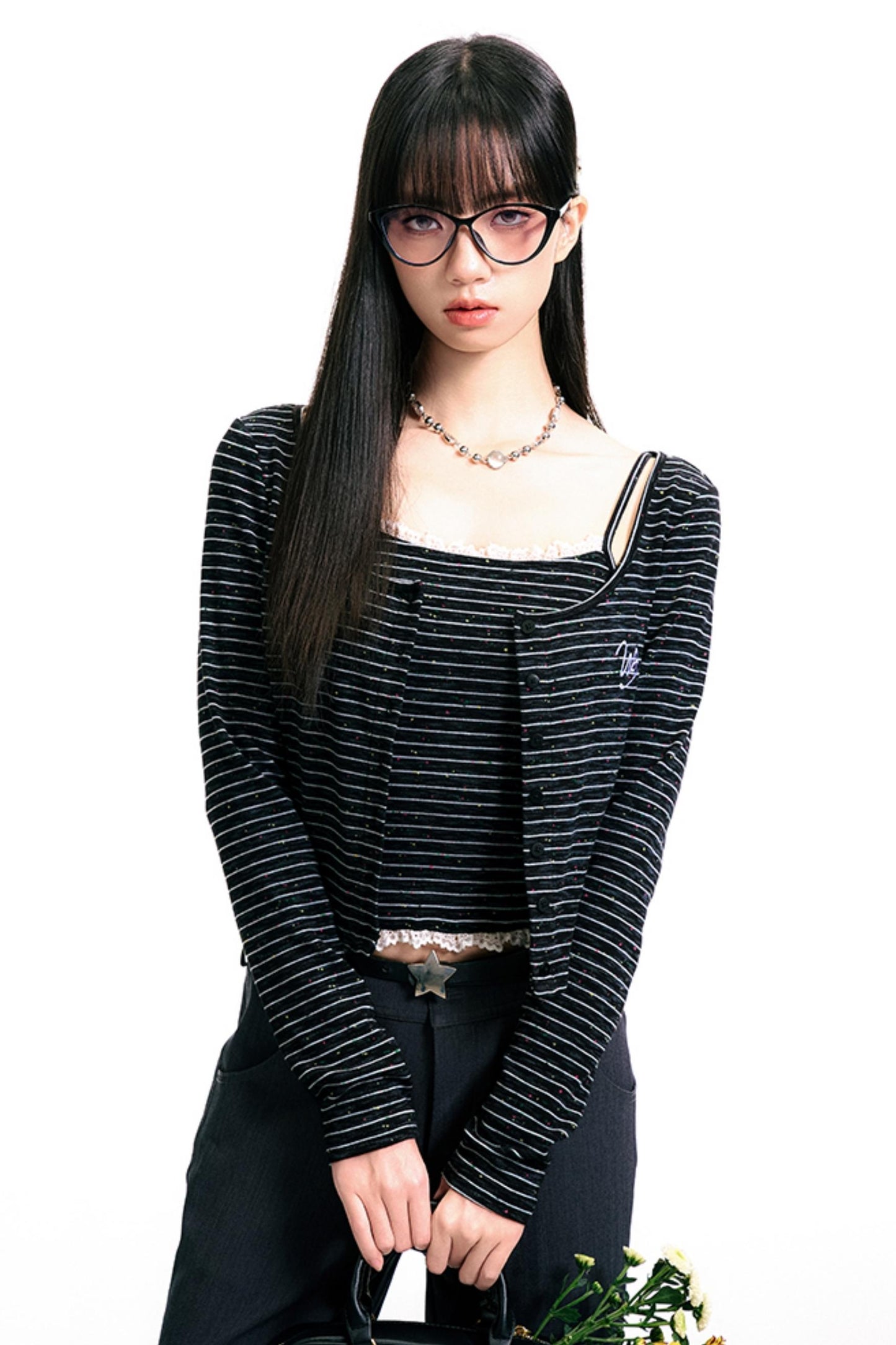 Monochrome Pinstripe Camisole Cardigan Set