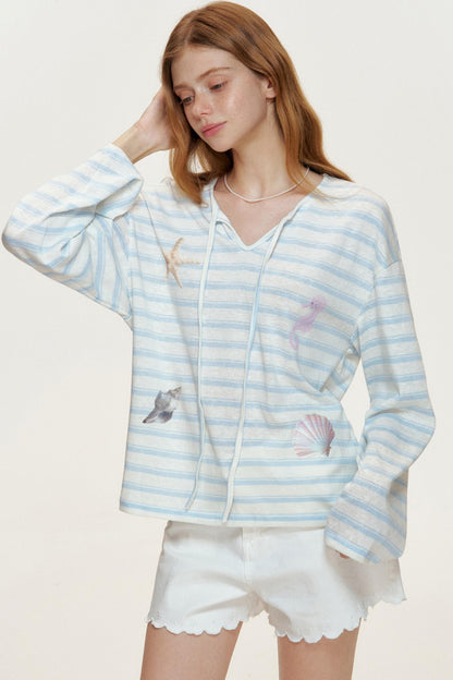 Blue Ocean Shell Starfish Lace-up Smock Shirt