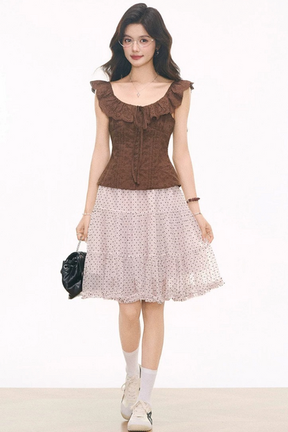 Embroidered Hollow Top & Polka Skirt Set-Up